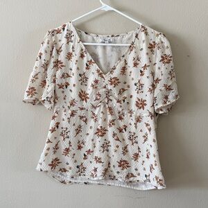 Madewell 100% Silk V Neck Floral Blouse Cream Brown Boho Cottagecore size 8